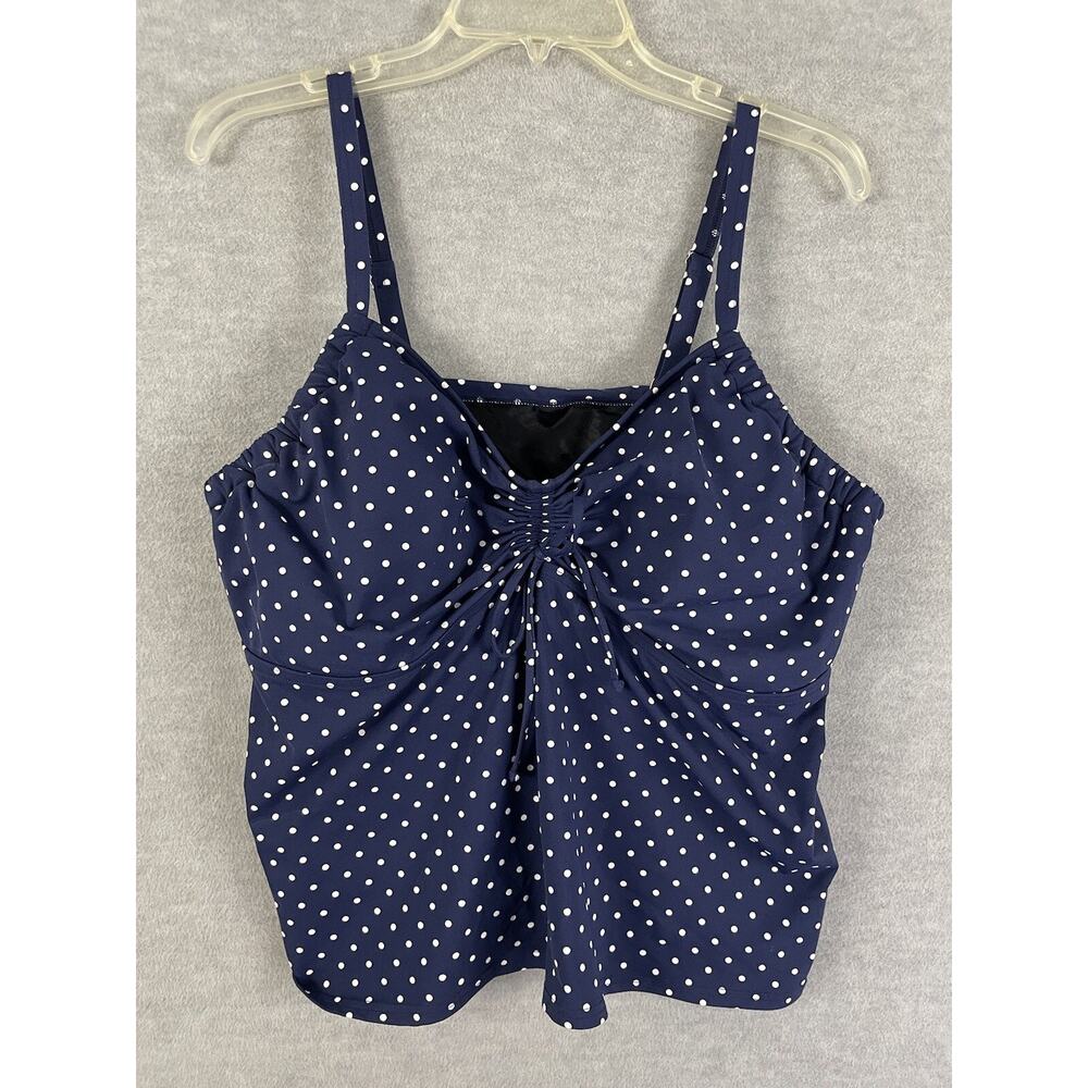 Lands End 20W Tankini Swim Top Underwire Bra Adjustable Straps Navy Polka Dots